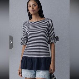 Anthropologie Maeve Striped Ruffle Sleeve peplum top